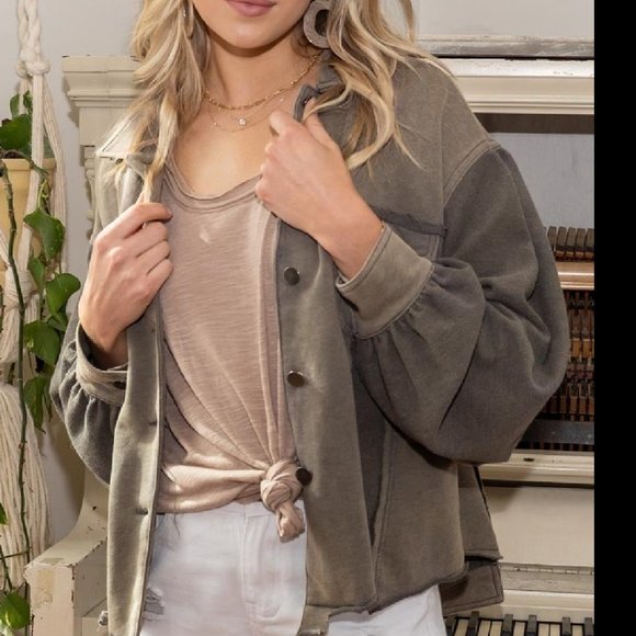 POL Ash Charcoal Boho Shirt Jacket Shacket | Mixed French Terry Fabrication - Picture 1 of 6